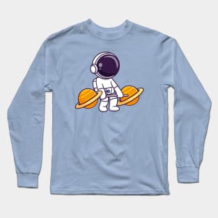 Cute Astronaut Lifting Planet Barbell Cartoon Long Sleeve T-Shirt